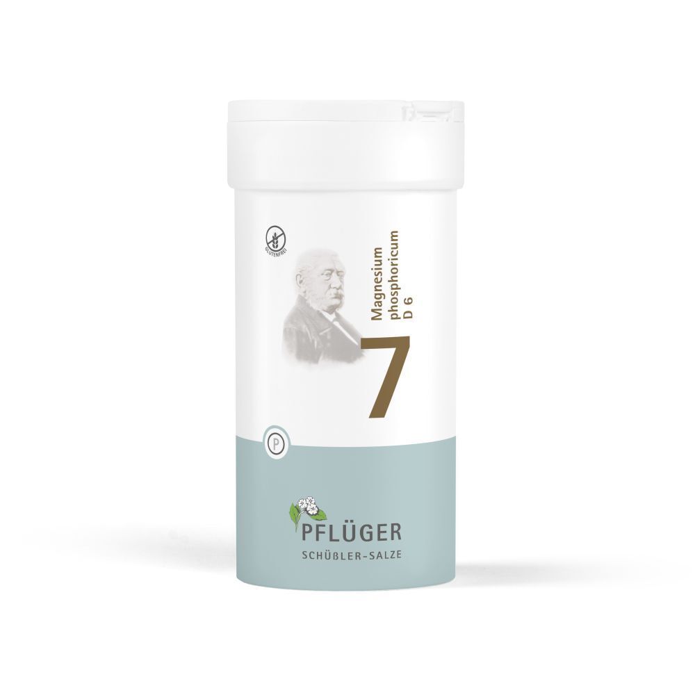 Weiße Tabletten-Dose mit Aufdruck. Enthält Schüßler-Salze 7 Magnesium phosphoricum D6. Pflüger-Logo.