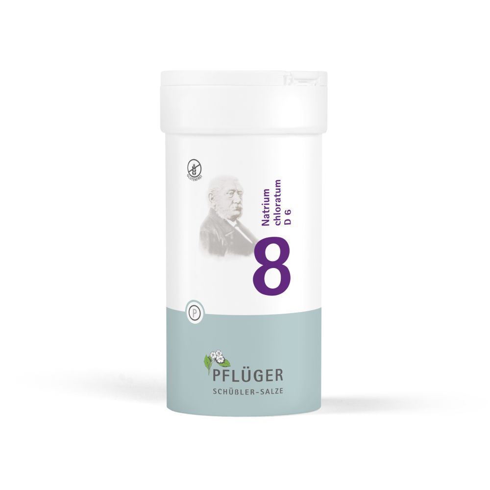 Weiße Tabletten in einer weißen Dose. Aufschrift: 8, Natrium chloratum D6. Marke: Pflüger Schüßler-Salze.