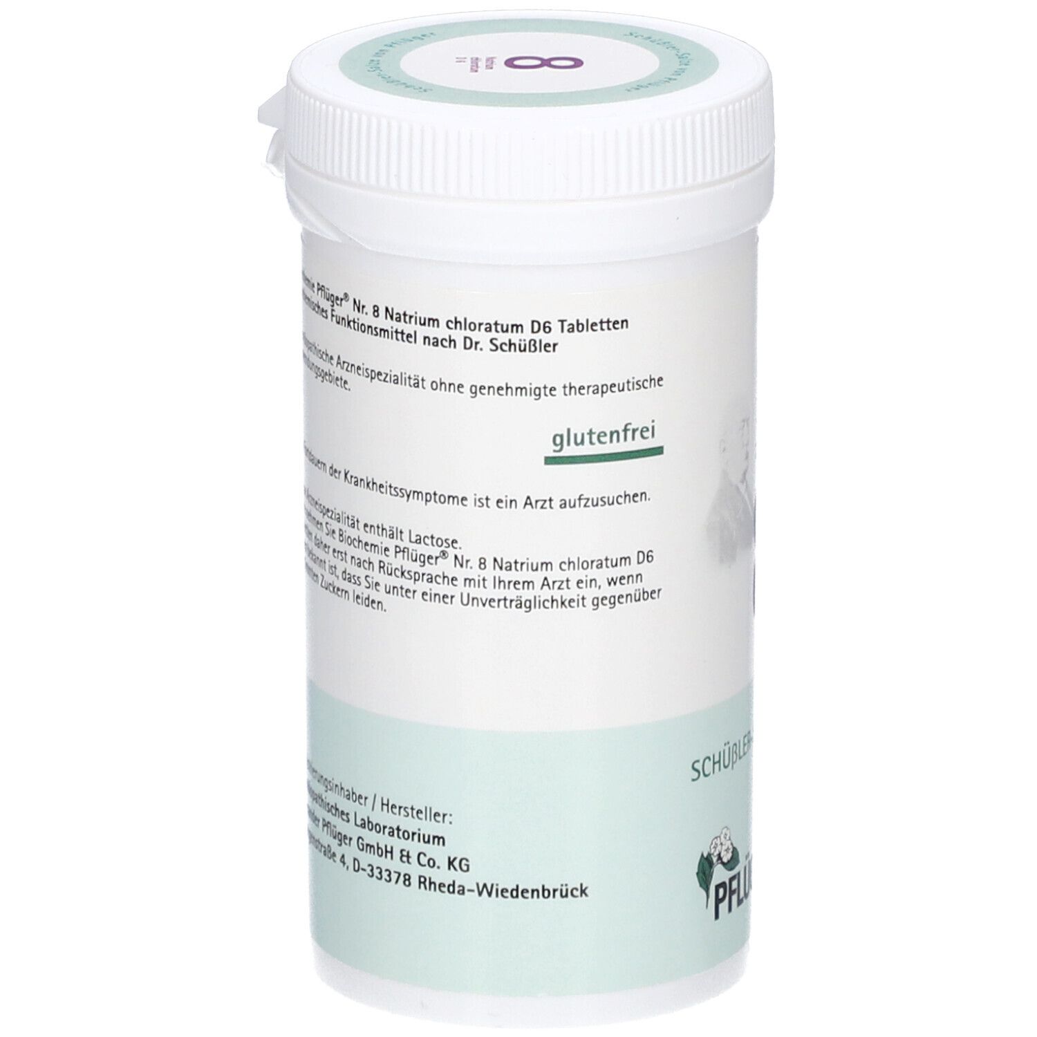 Rückseite einer Tablettendose. Aufschrift: glutenfrei, PFLÜGER, SCHÜSSLER-SALZE. Informationen zur Anwendung. Apothekenpflichtig.