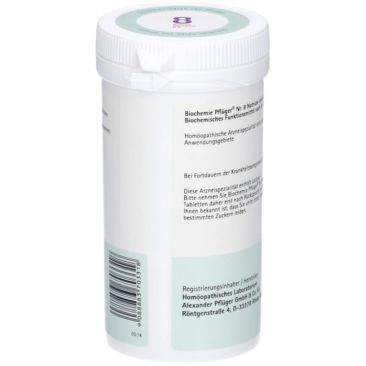 Weiße Tabletten-Dose, Rückseite mit Text und Barcode. Aufschrift: Hersteller: Pflüger. Grün-weißes Etikett.