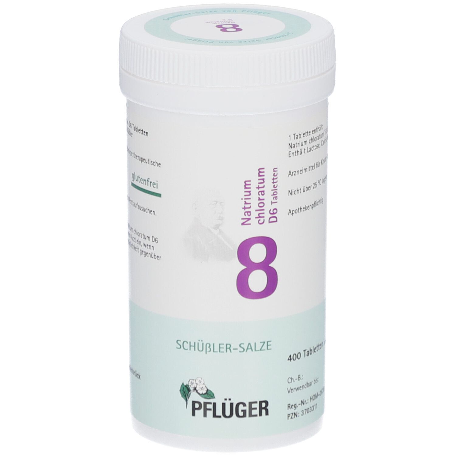 Zylindrische Dose mit Tabletten. Aufschrift: Natrium chloratum D6, 8, SCHÜSSLER-SALZE, PFLÜGER. 400 Tabletten. Apothekenpflichtig.