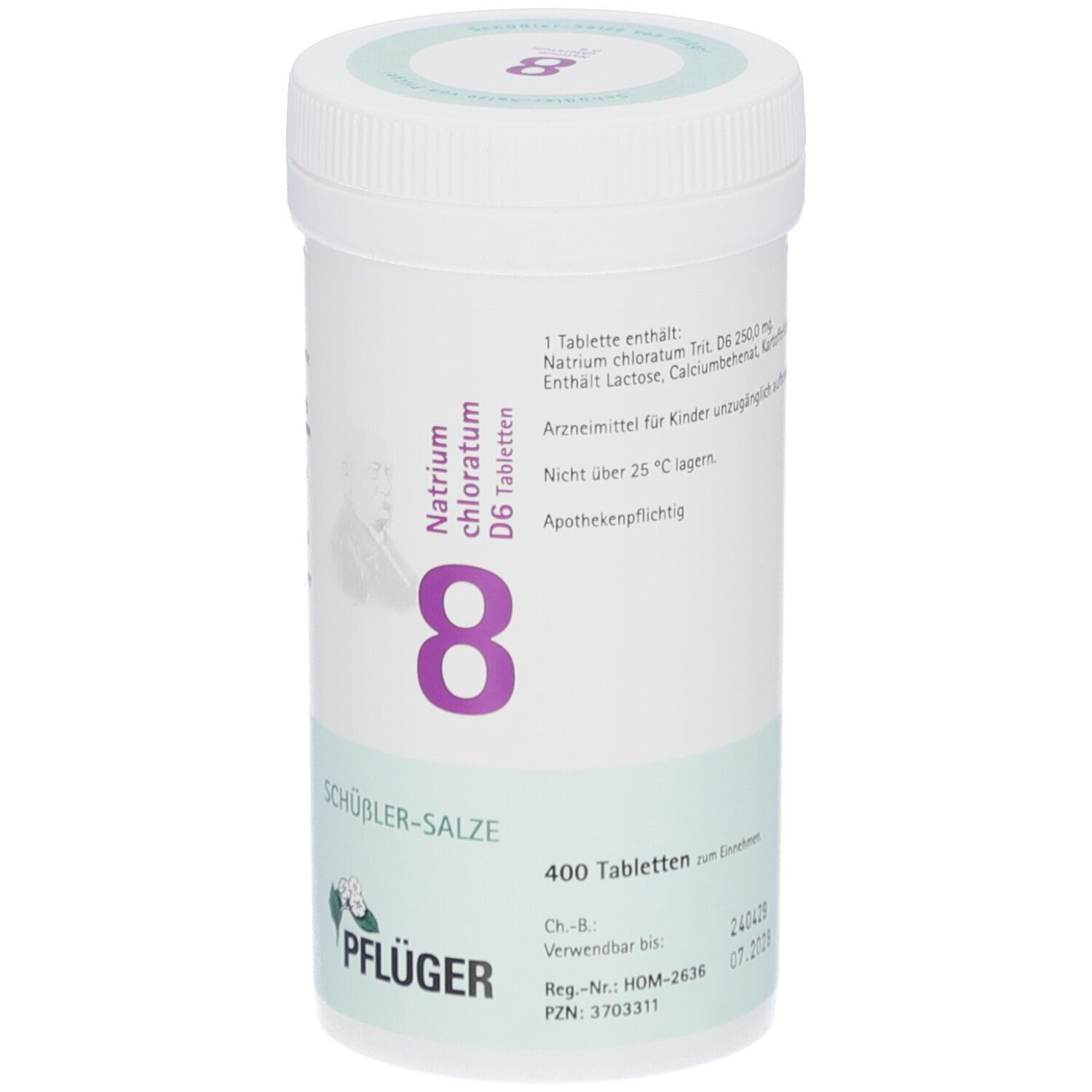 Zylindrische Dose mit Tabletten. Aufschrift: Natrium chloratum D6, 8, SCHÜSSLER-SALZE, PFLÜGER. 400 Tabletten. Apothekenpflichtig.