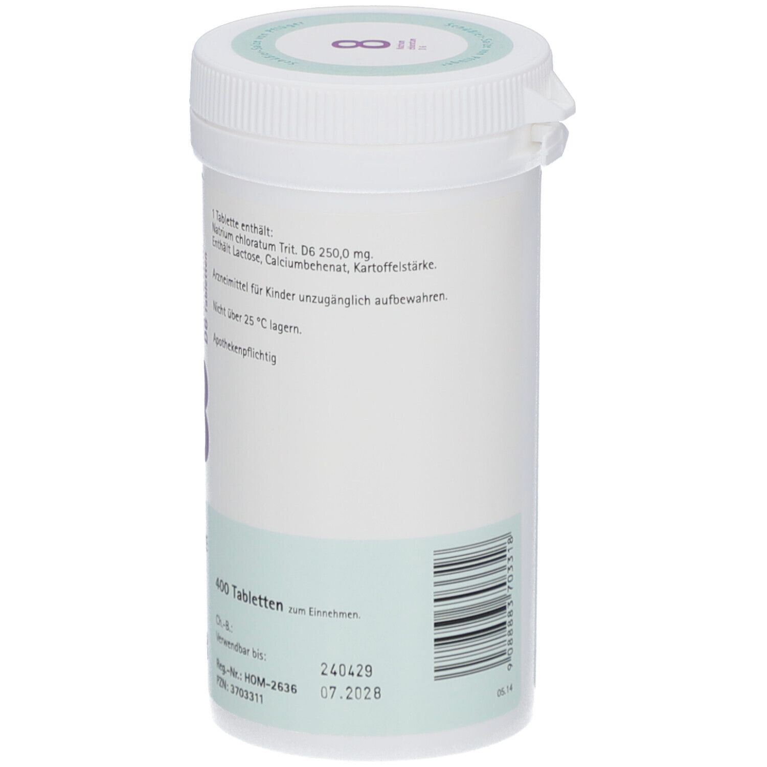 Rückseite einer Tablettendose. Aufschrift: 400 Tabletten, Verfallsdatum, PZN, Chargennummer. Apothekenpflichtig.