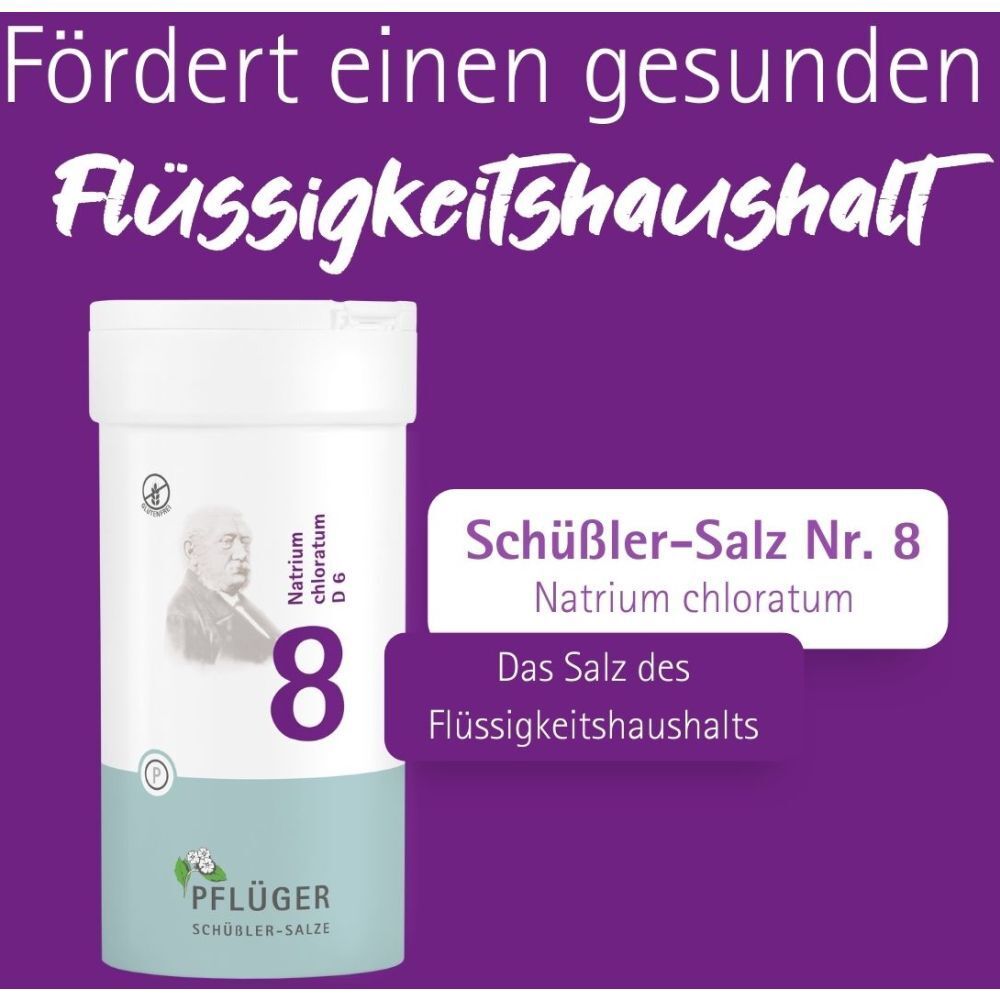 Produktverpackung mit Text: Schüßler-Salz Nr. 8 Natrium chloratum. Fördert einen gesunden Flüssigkeitshaushalt.