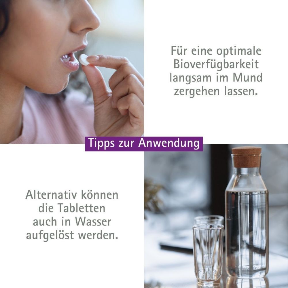Frau nimmt Tablette ein. Text: Für eine optimale Bioverfügbarkeit langsam im Mund zergehen lassen. Tabletten in Wasser auflösen.