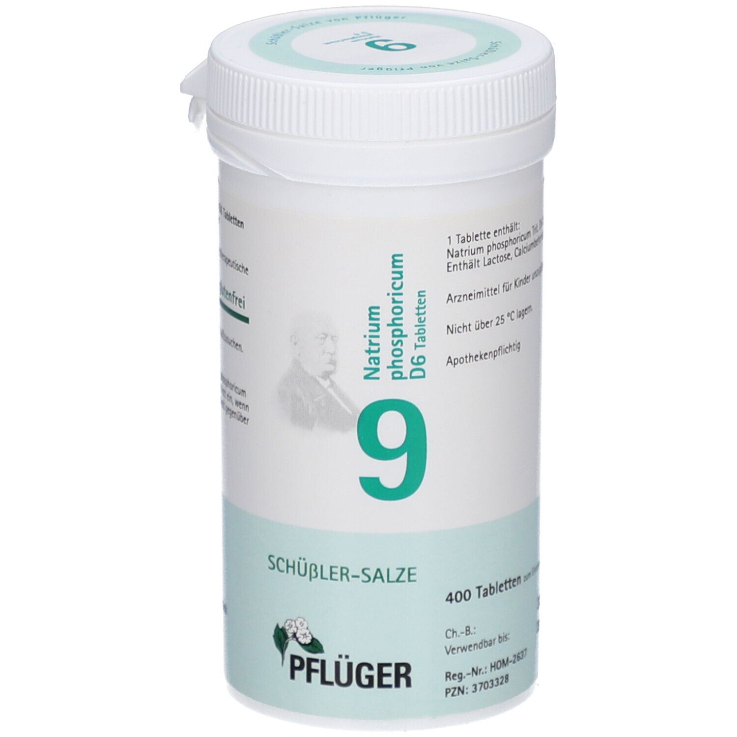 Weißes Tabletten-Behältnis mit grünem Etikett. Beschriftung: Natrium phosphoricum D6, 9, SCHÜSSLER-SALZE, PFLÜGER. Deckel mit Sicherheitsverschluss.