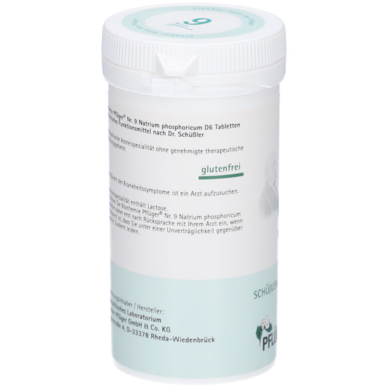 Rückseite der Tabletten-Dose. Text: glutenfrei, Hersteller, Alexander Pflüger GmbH & Co. KG.