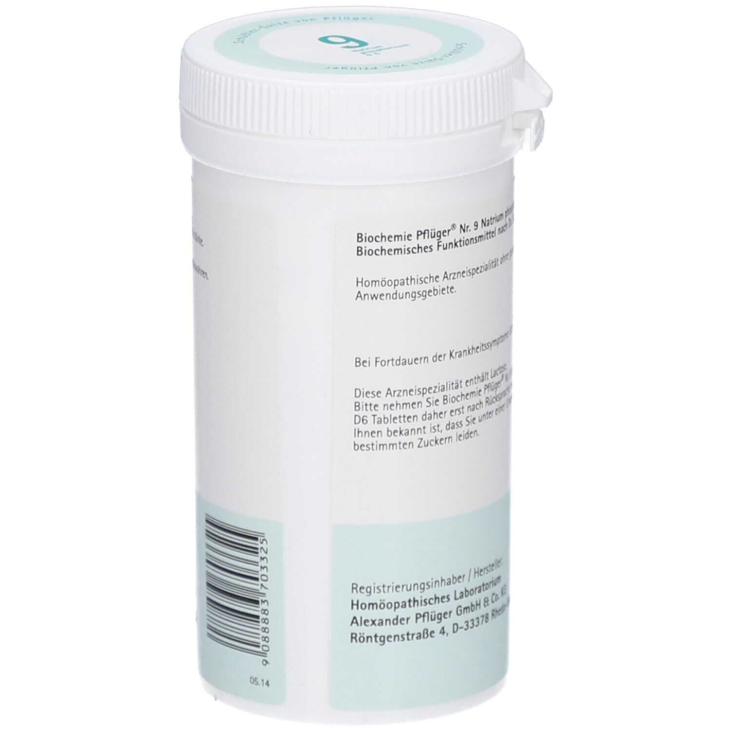 Weißes Tabletten-Behältnis. Beschriftung: Biochemie Pflüger Nr. 9, homöopathisches Arzneimittel. Barcode und weitere Informationen auf der Rückseite.