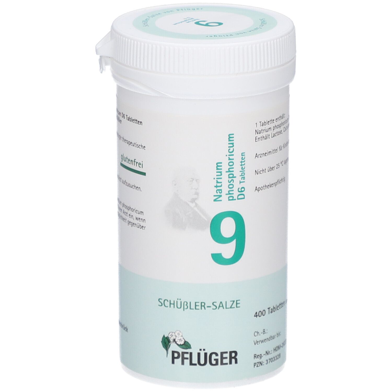 Weißes Tabletten-Behältnis mit grünem Etikett. Beschriftung: Natrium phosphoricum D6, 9, SCHÜSSLER-SALZE, PFLÜGER. Deckel mit Sicherheitsverschluss.