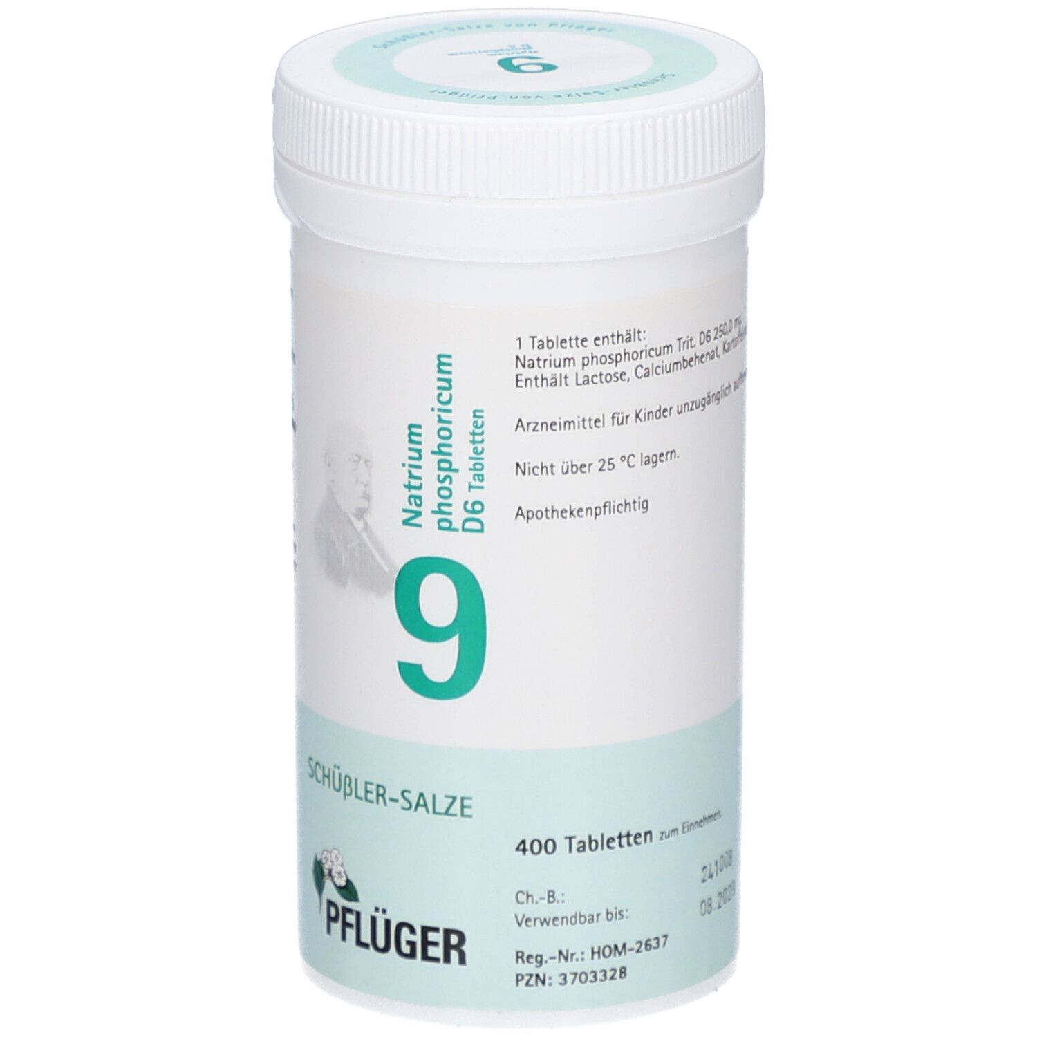 Weißes Tabletten-Behältnis mit grünem Etikett. Beschriftung: Natrium phosphoricum D6, 9, SCHÜSSLER-SALZE, PFLÜGER. Deckel mit Sicherheitsverschluss.