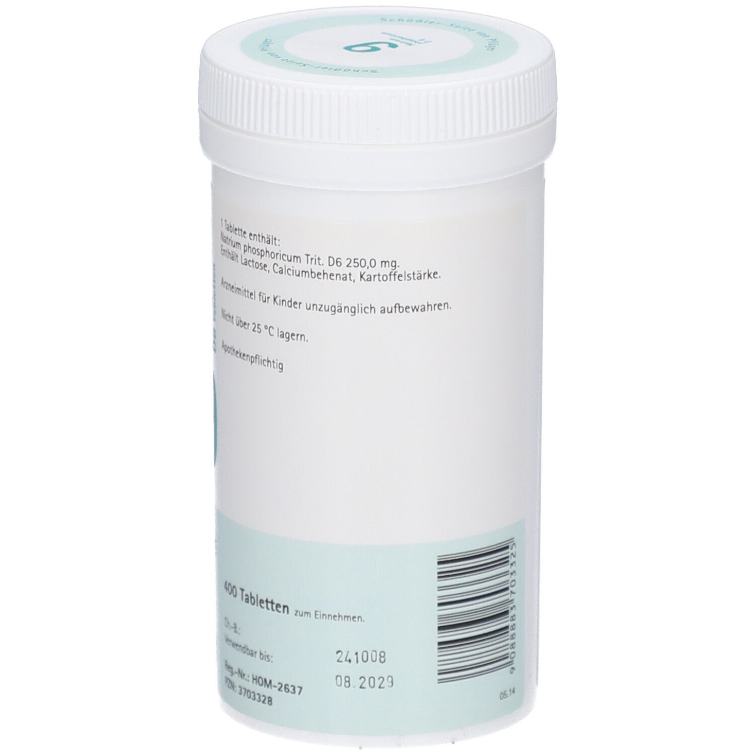 Weißes Tabletten-Behältnis. Beschriftung: 400 Tabletten, Verwendbar bis 08.2023. Barcode und weitere Informationen auf der Rückseite.