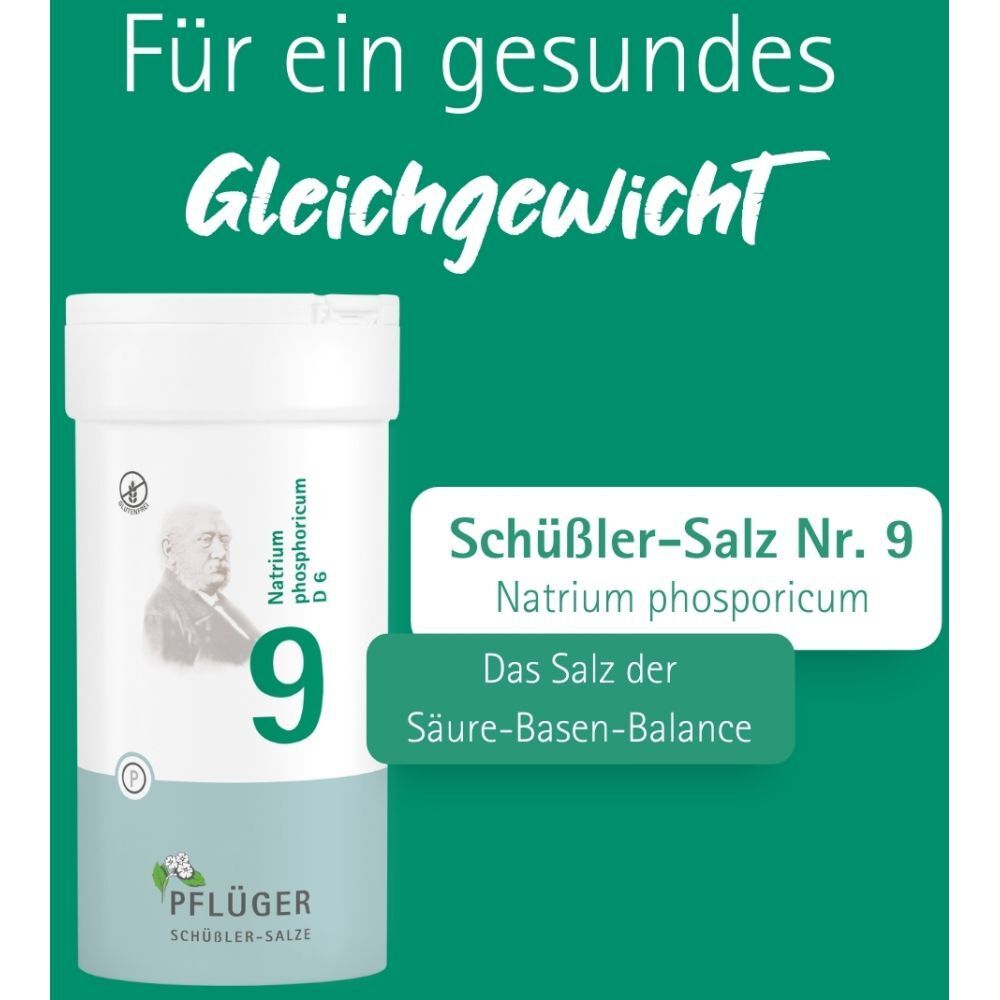 Grüner Hintergrund mit Text: Schüßler-Salz Nr. 9 Natrium phosphoricum. Das Salz der Säure-Basen-Balance. Dose im Vordergrund.