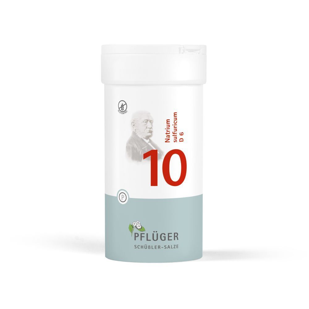 Weiße Tabletten-Dose mit roter Nummer 10 und Aufschrift Natrium sulfuricum D6. Pflüger-Logo.