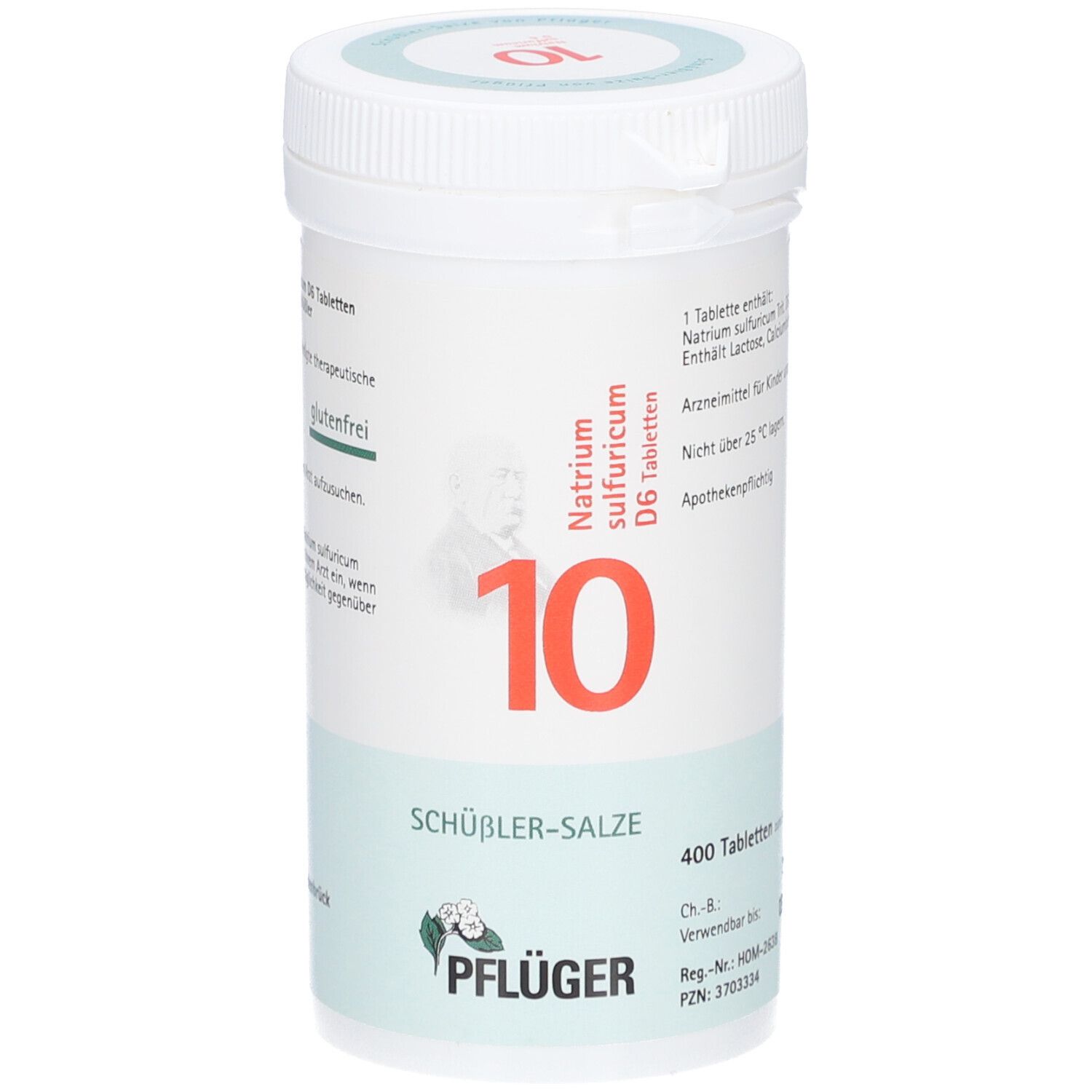 Weiße Tabletten-Dose mit roter "10". Aufschrift: Natrium sulfuricum D6 Tabletten. Marke: Pflüger. 400 Tabletten.