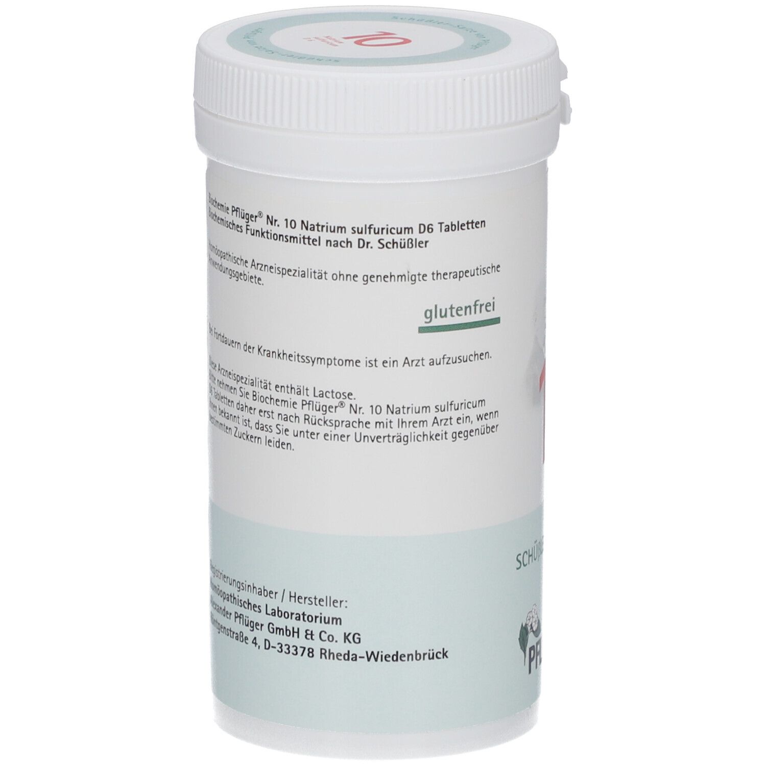 Weiße Tabletten-Dose. Aufschrift: Natrium sulfuricum D6 Tabletten. Marke: Pflüger. Glutenfrei. Rückseite mit Text.