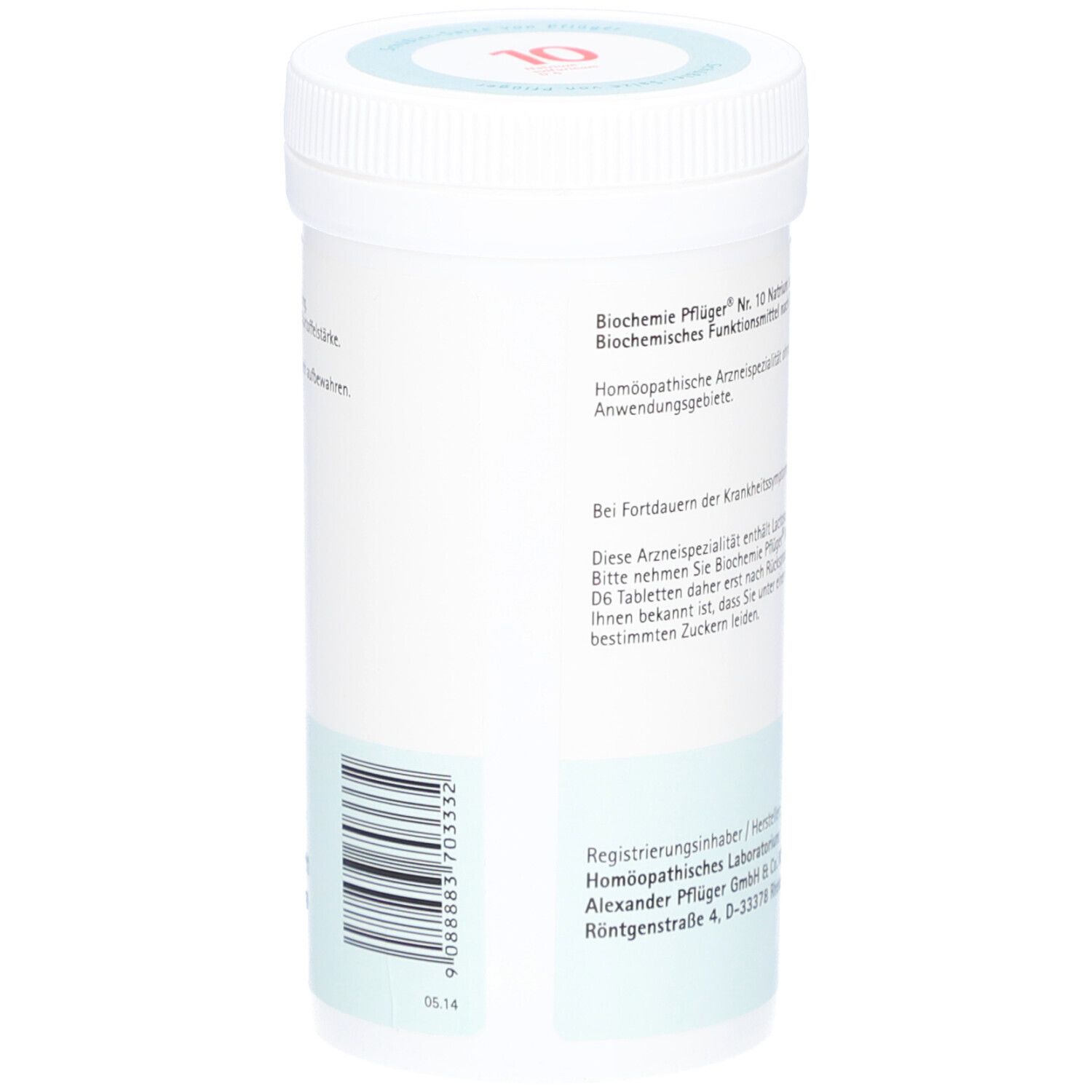 Rückseite der weißen Tabletten-Dose. Text: Biochemie Pflüger Nr. 10. Barcode und Herstellerinformationen. Apothekenpflichtig.