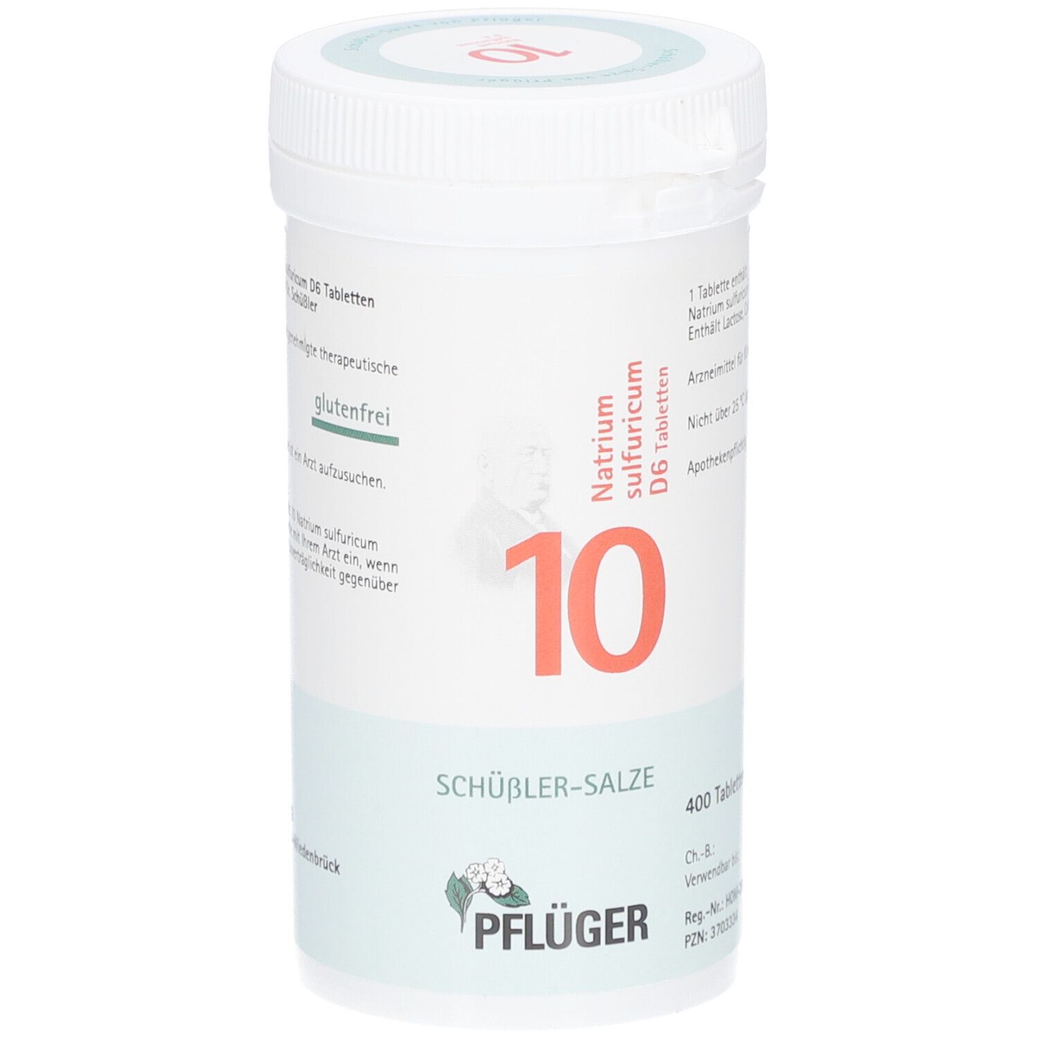 Weiße Tabletten-Dose mit roter "10". Aufschrift: Natrium sulfuricum D6 Tabletten. Marke: Pflüger. 400 Tabletten.