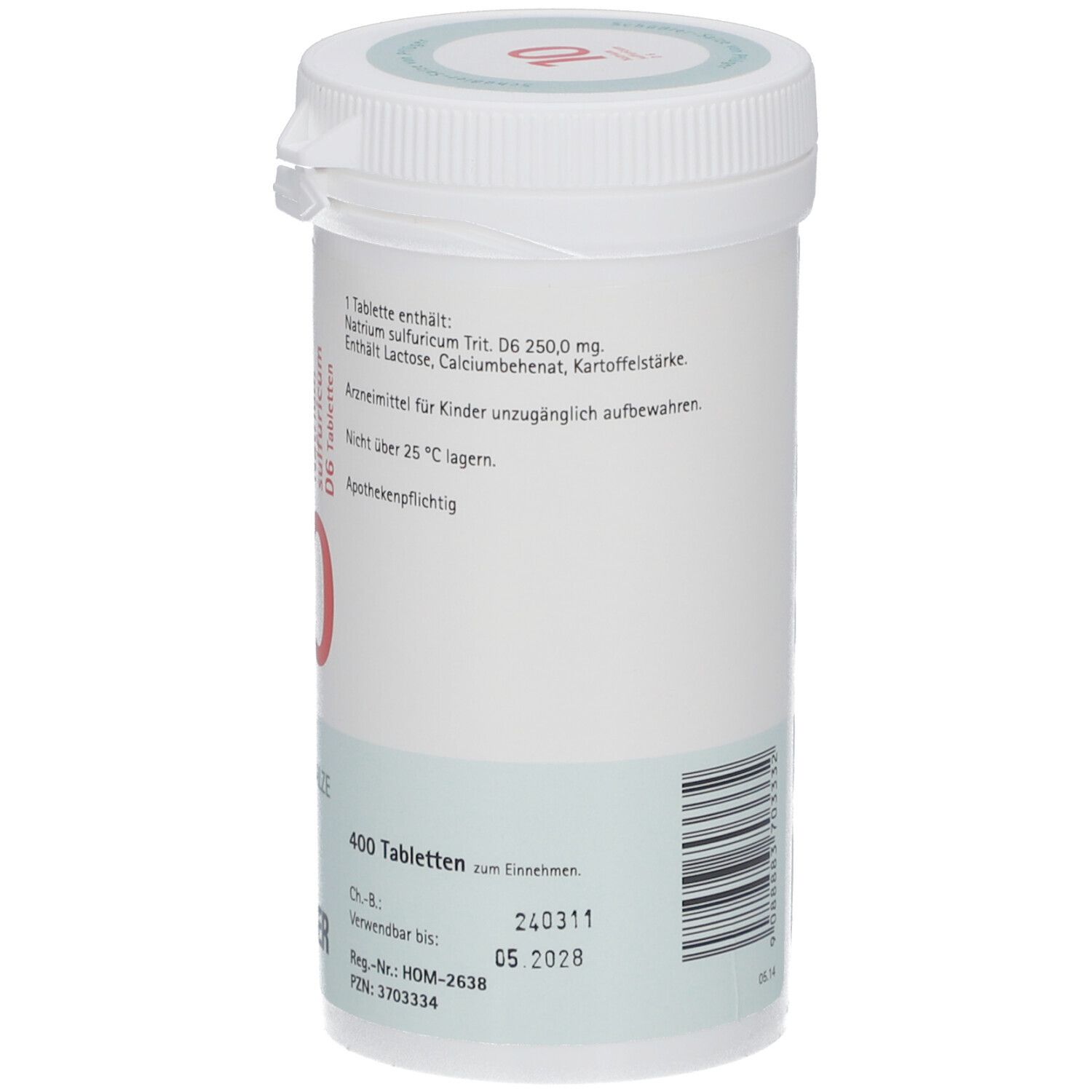 Weiße Tabletten-Dose. Aufschrift: Natrium sulfuricum Trit. D6. 400 Tabletten. Verwendbar bis 05 2028. Marke: Pflüger.