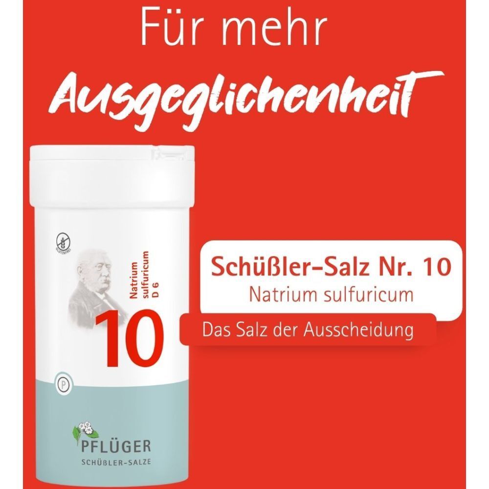 Produkt-Dose mit rotem Hintergrund. Text: Schüßler-Salz Nr. 10 Natrium sulfuricum. Das Salz der Ausscheidung.