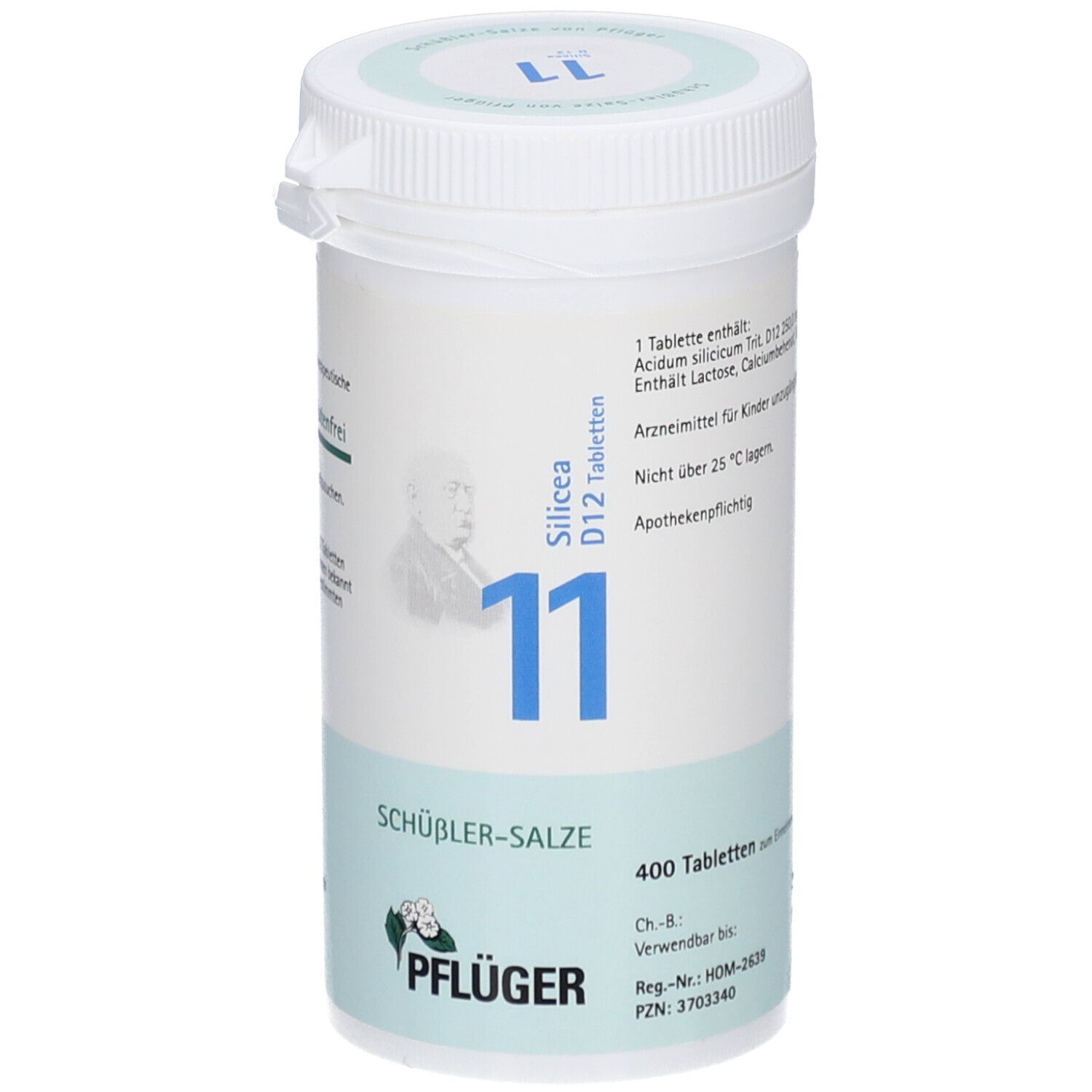 Zylindrische weiße Dose mit blauem Etikett. Aufschrift: Silicea D12 Tabletten, 11, 400 Tabletten, Pflüger. Apothekenpflichtig.