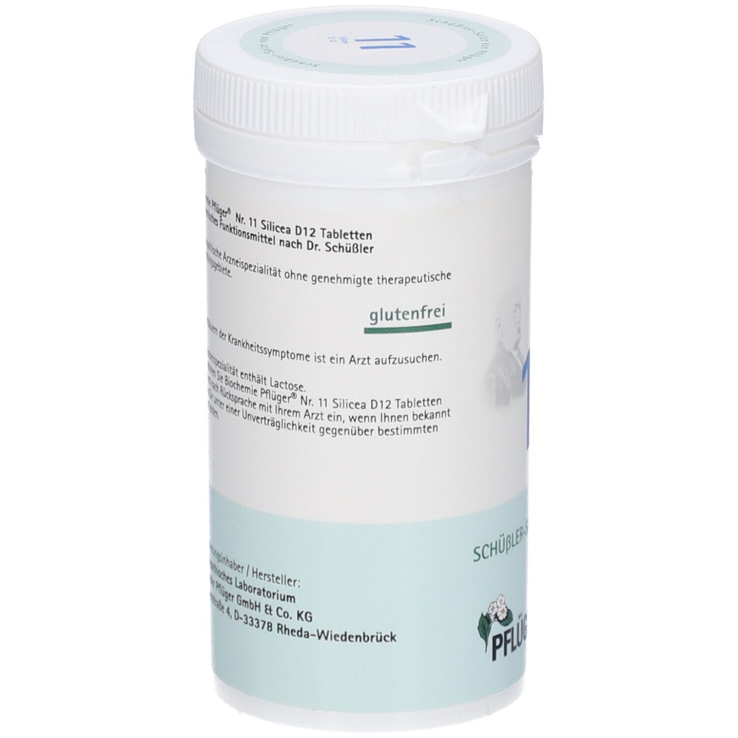 Weiße zylindrische Dose mit blauer Beschriftung. Aufschrift: Nr. 11 Silicea D12 Tabletten, glutenfrei. Hersteller: Pflüger.