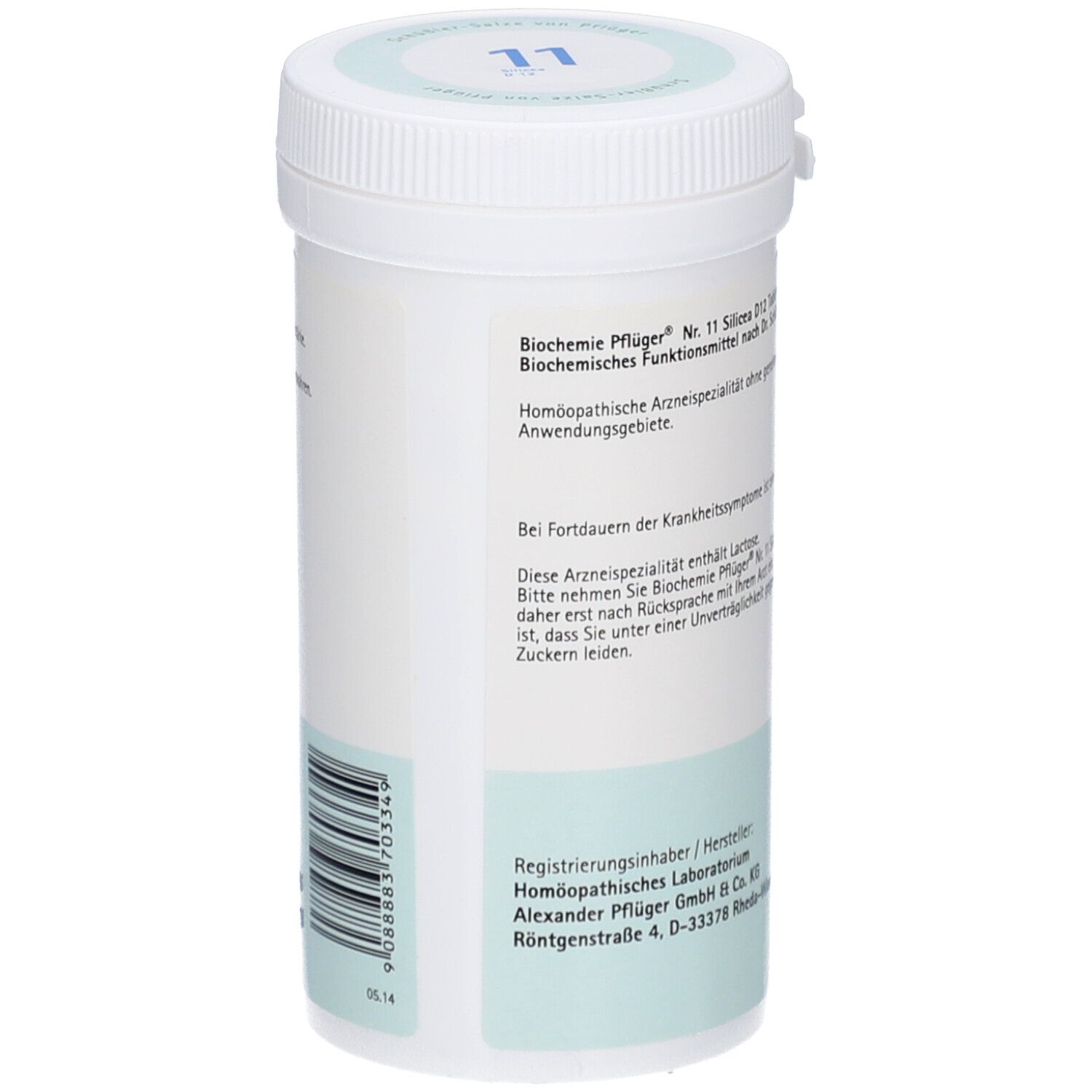 Weiße zylindrische Dose mit blauer Beschriftung. Aufschrift: Biochemie Pflüger Nr. 11 Silicea D12 Tabletten. Barcode.