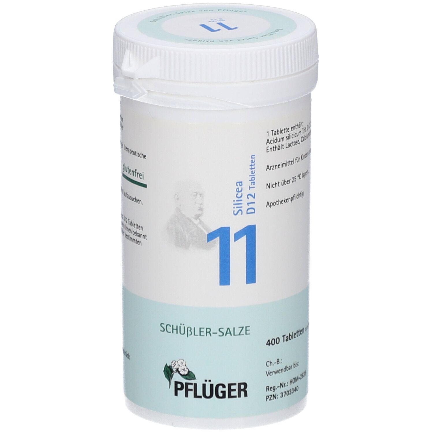 Zylindrische weiße Dose mit blauem Etikett. Aufschrift: Silicea D12 Tabletten, 11, 400 Tabletten, Pflüger. Apothekenpflichtig.