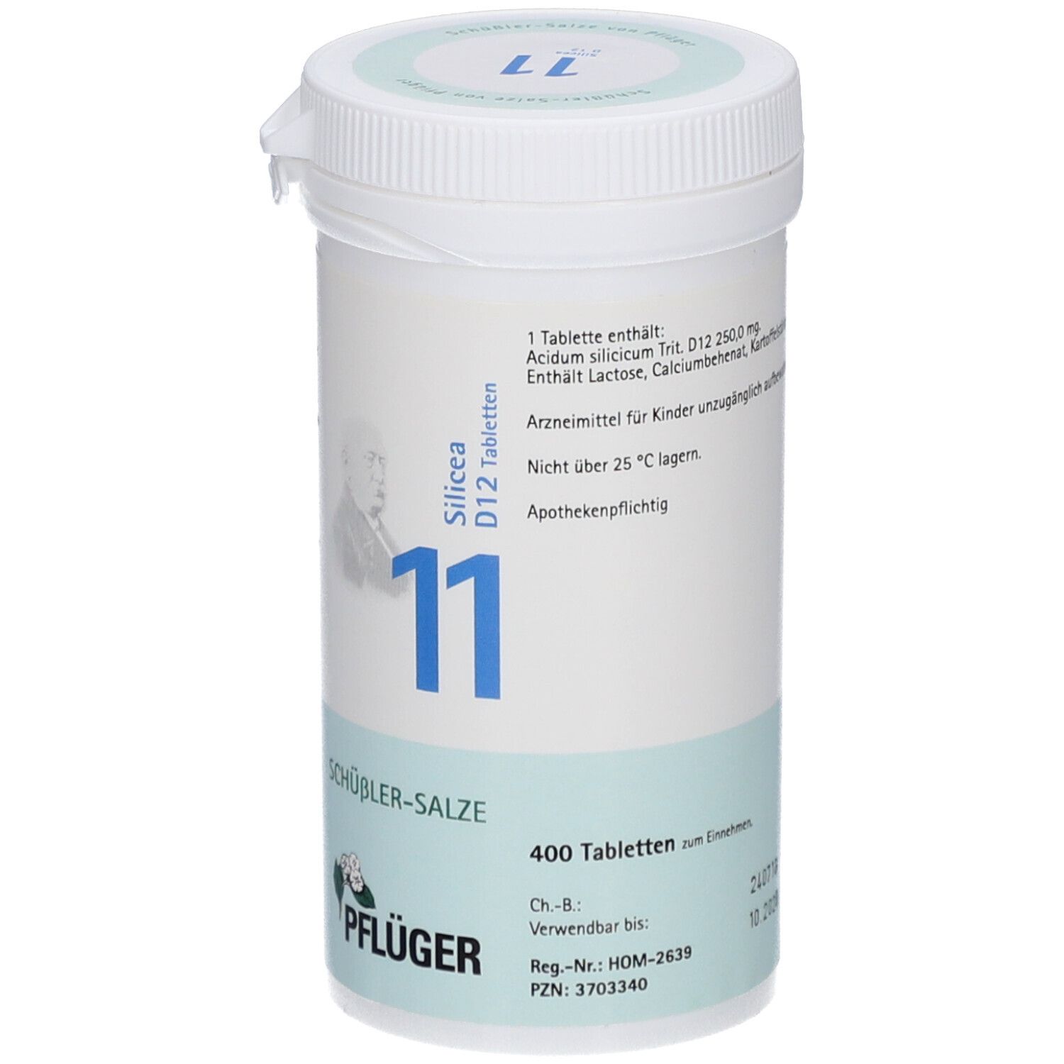Zylindrische weiße Dose mit blauem Etikett. Aufschrift: Silicea D12 Tabletten, 11, 400 Tabletten, Pflüger. Apothekenpflichtig.