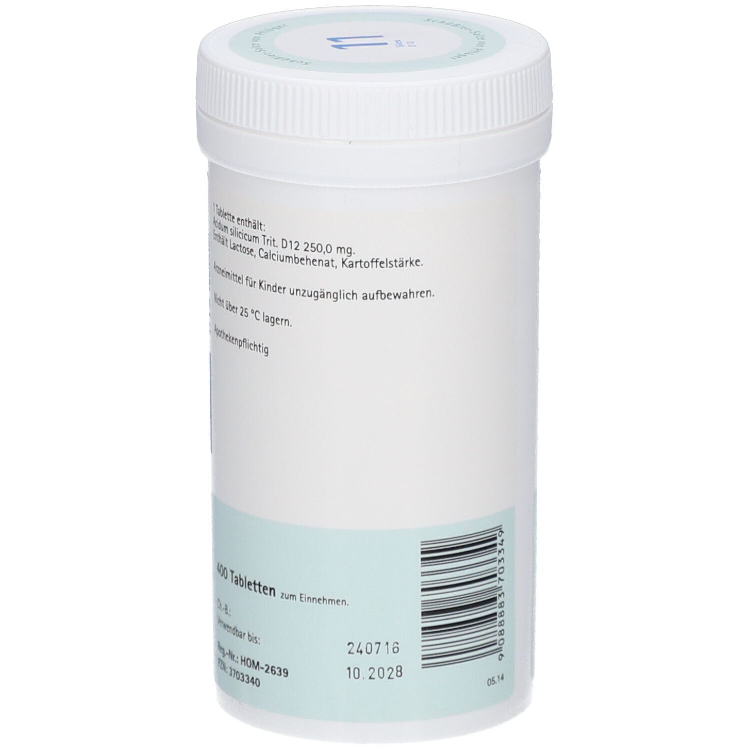 Weiße zylindrische Dose mit blauer Beschriftung. Aufschrift: 400 Tabletten zum Einnehmen. Barcode und Verfallsdatum.