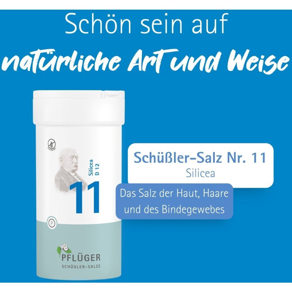 Weiße Dose mit Tabletten. Text: Schüßler-Salz Nr. 11 Silicea. Text auf blauem Hintergrund: Natürliche Art und Weise.