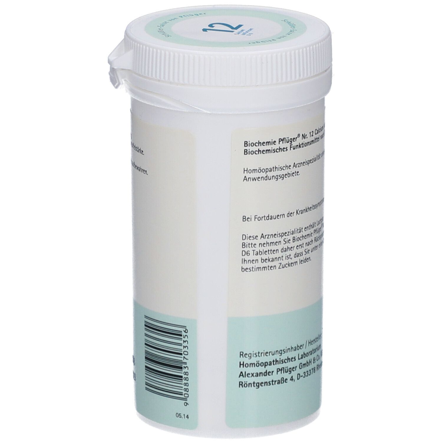 Weiße Tablettendose mit grüner und blauer Beschriftung. Aufschrift: Biochemie Pflüger Nr. 12, Barcode, Apothekenpflichtig.