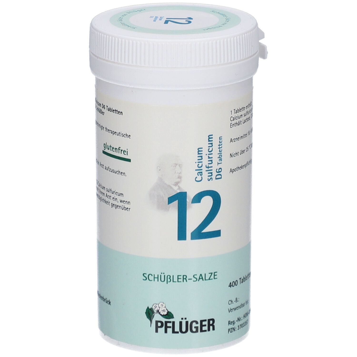 Weiße Tablettendose mit grüner und blauer Beschriftung. Aufschrift: Calcium sulfuricum D6 Tabletten, Nr. 12, Schüßler-Salze, Pflüger.