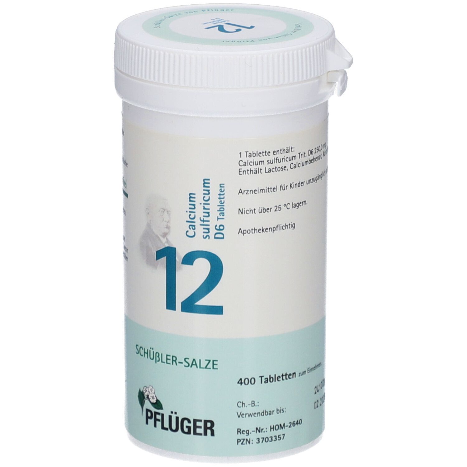 Weiße Tablettendose mit grüner und blauer Beschriftung. Aufschrift: Calcium sulfuricum D6 Tabletten, Nr. 12, Schüßler-Salze, Pflüger, 400 Tabletten.