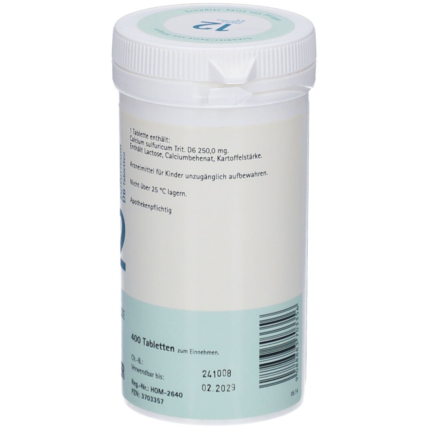 Weiße Tablettendose mit grüner und blauer Beschriftung. Aufschrift: Calcium sulfuricum Trit. D6, 400 Tabletten, Apothekenpflichtig.
