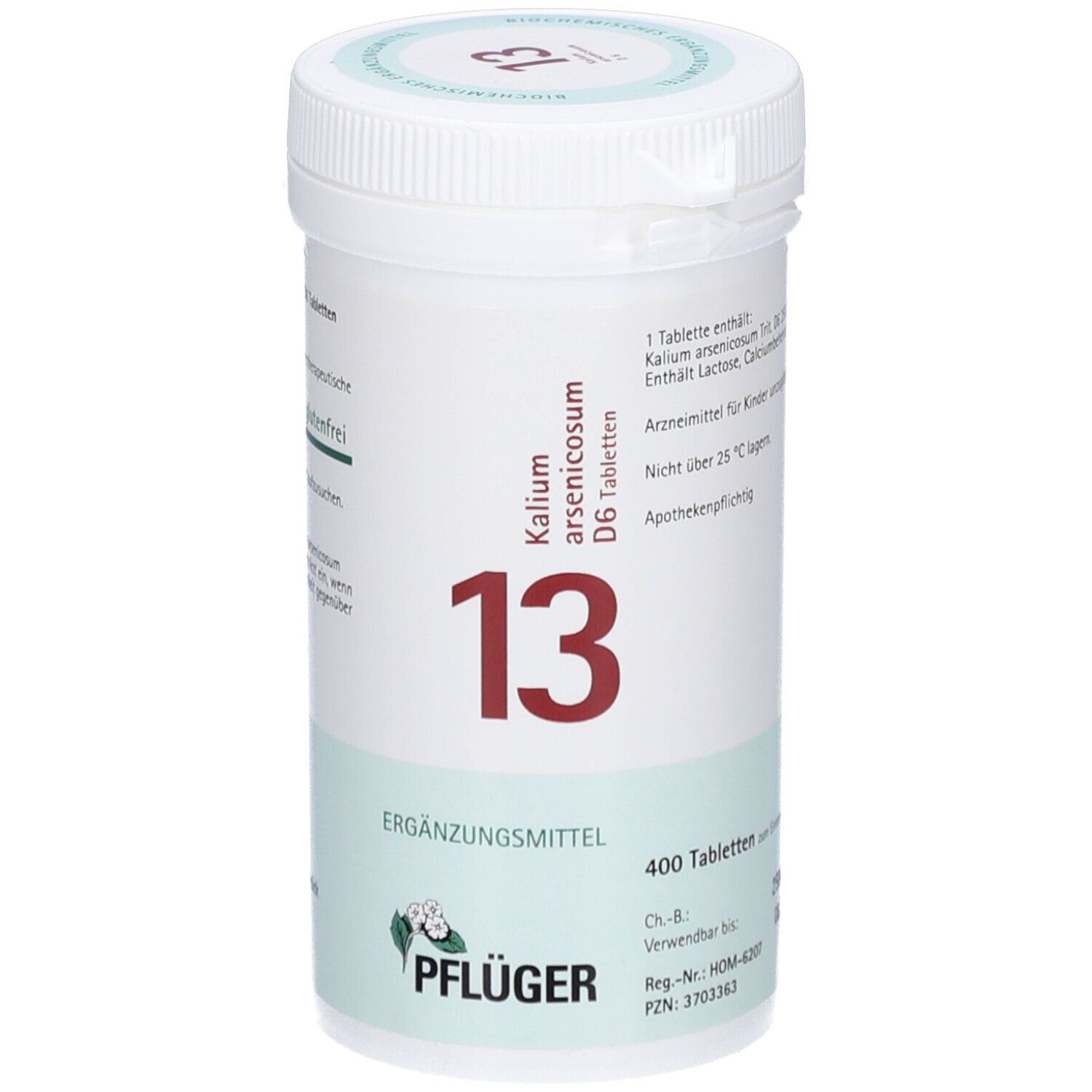 Weiße Tabletten-Dose mit roter '13' und 'Kalium arsenicosum D6 Tabletten'. 'Pflüger' Logo und 'Ergänzungsmittel'.
