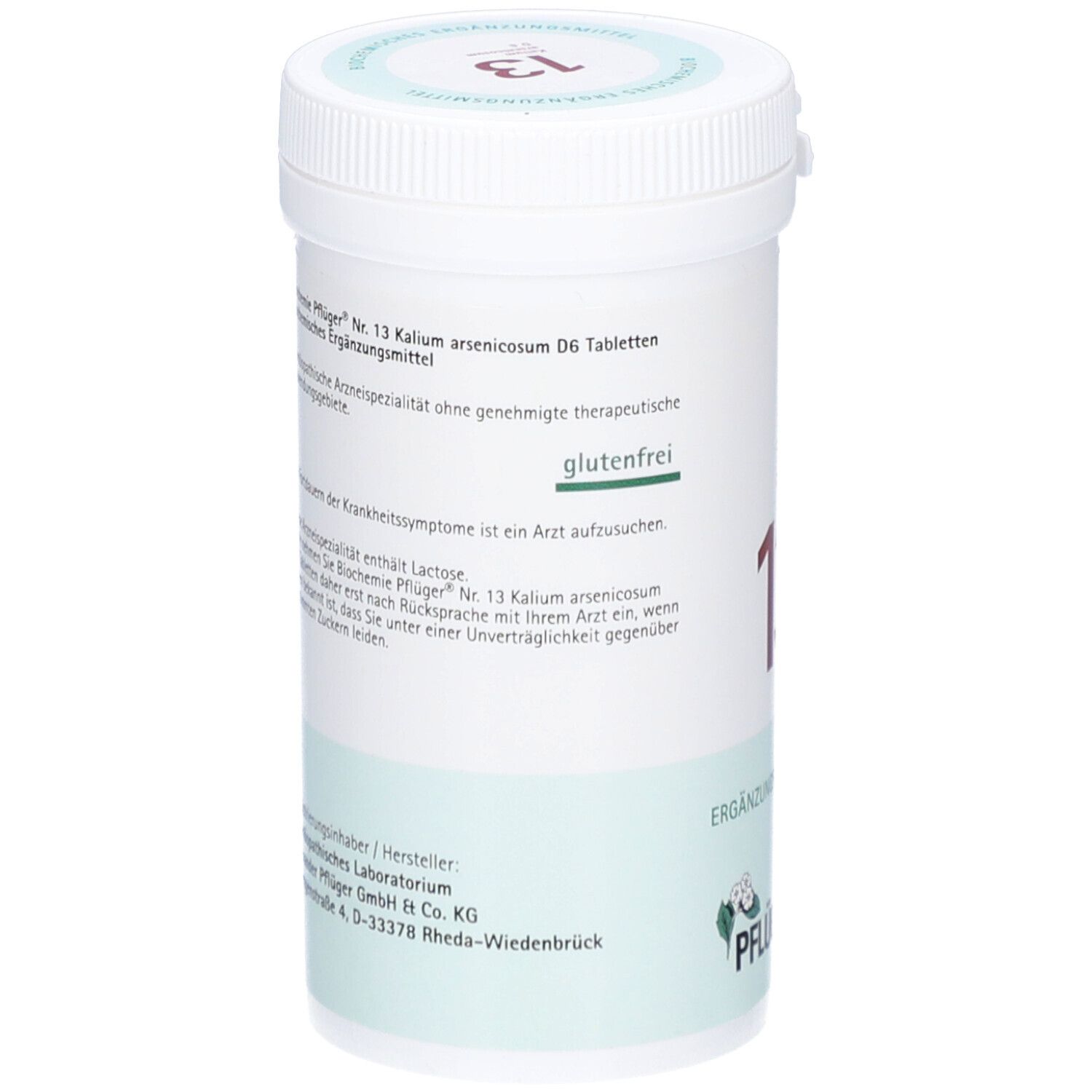 Weiße Tabletten-Dose mit Text. 'Glutenfrei' und 'Biochemie Pflüger Nr. 13 Kalium arsenicosum D6 Tabletten'.