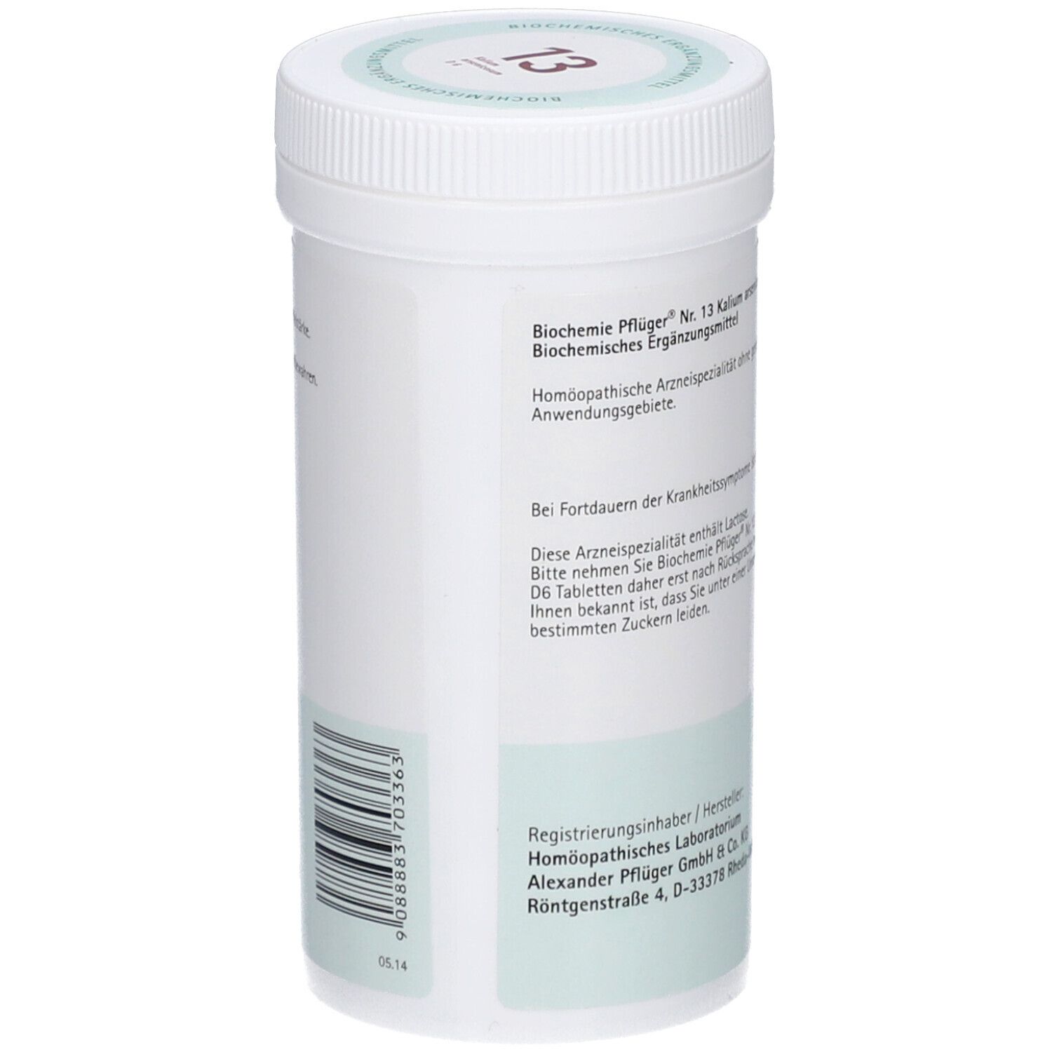 Weiße Tabletten-Dose mit Text und Barcode. 'Biochemie Pflüger Nr. 13 Kalium arsenicosum D6 Tabletten'.