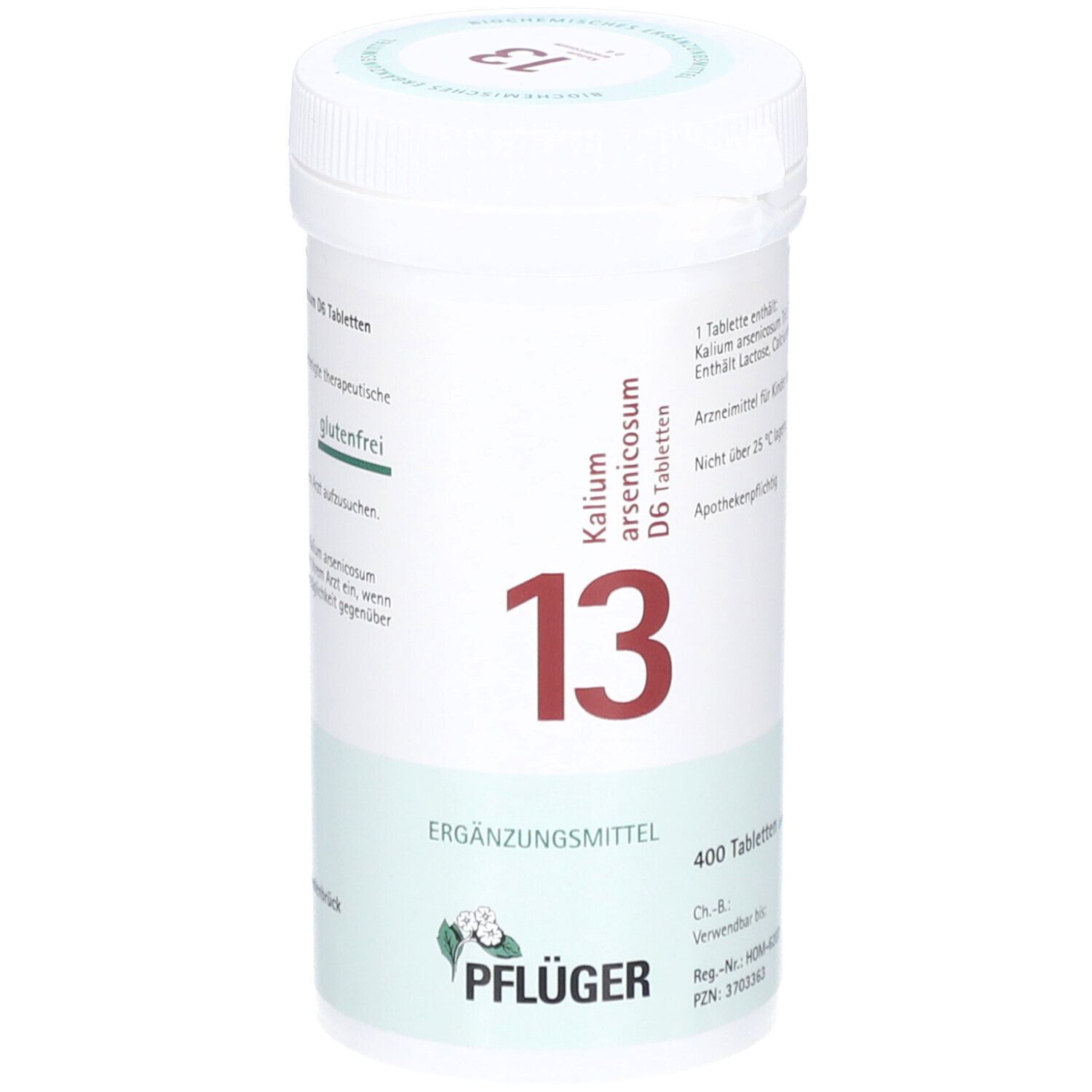 Weiße Tabletten-Dose mit roter '13' und 'Kalium arsenicosum D6 Tabletten'. 'Pflüger' Logo und 'Ergänzungsmittel'.