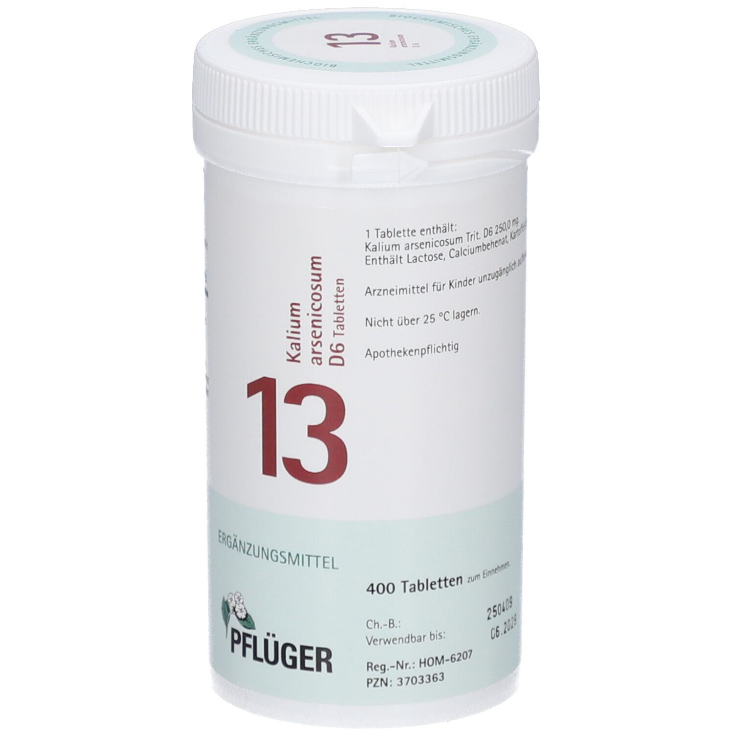 Weiße Tabletten-Dose mit roter '13' und 'Kalium arsenicosum D6 Tabletten'. 'Pflüger' Logo und 'Ergänzungsmittel'.