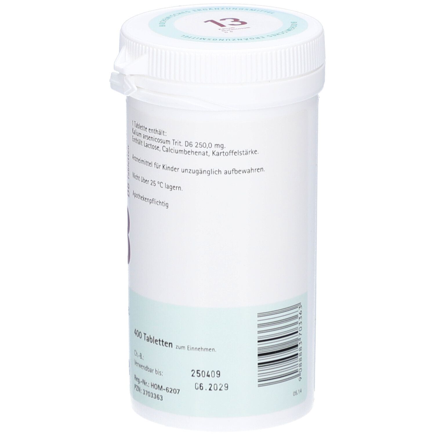 Weiße Tabletten-Dose mit Text. '400 Tabletten zum Einnehmen'. Verfallsdatum und Chargennummer.