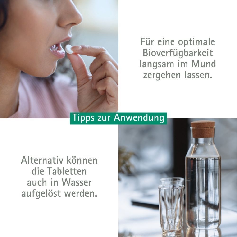 Frau nimmt Tablette ein. Text: Für eine optimale Bioverfügbarkeit, Tipps zur Anwendung. Wasser und Glas.