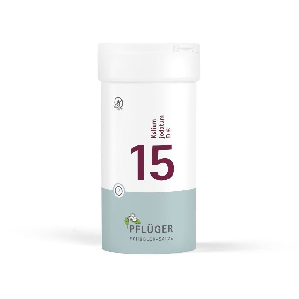 Weiße Tabletten-Dose mit Aufschrift "15 Kalium jodatum D6". Marke: Pflüger. Glutenfrei-Siegel.