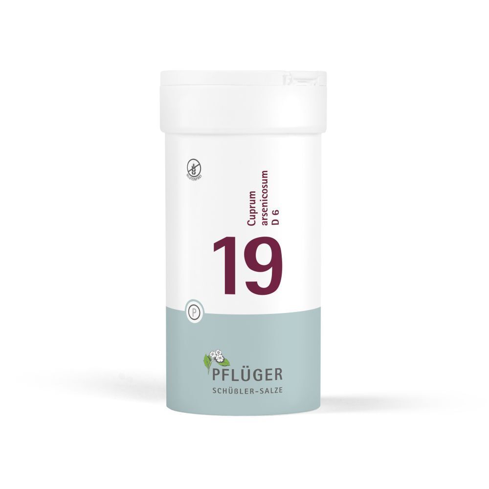 Weiße Tabletten in einer weißen Dose. Aufschrift: 19, Cuprum arsenicosum D6, Pflüger. Glutenfrei-Siegel.