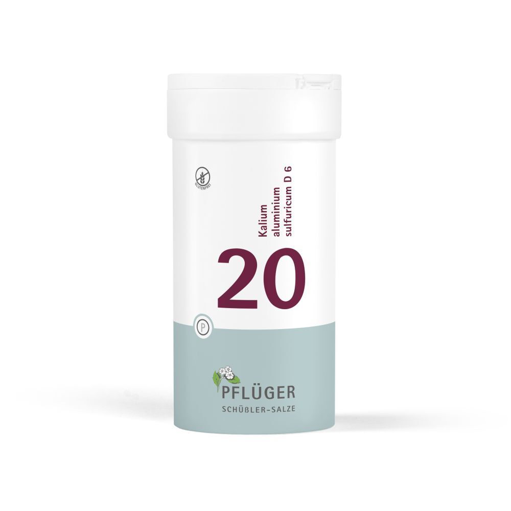 Weiße Tabletten-Dose mit Aufschrift "20" und "Kalium aluminium sulfuricum D 6". Marke: Pflüger.