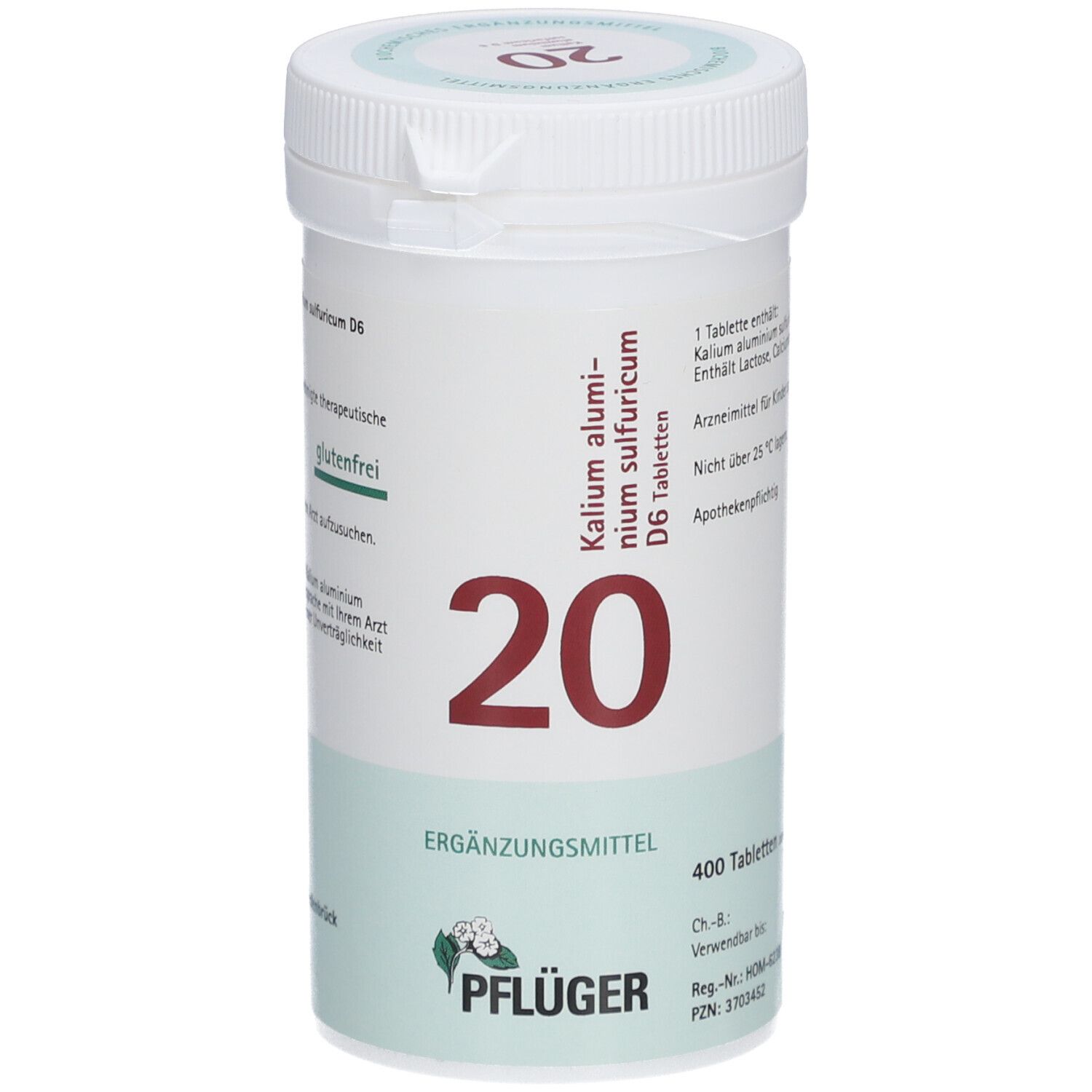 Weißes Tabletten-Behältnis mit roter '20' und Aufschrift 'Kalium alumini-sulfuricum D6 Tabletten'. Marke: Pflüger.