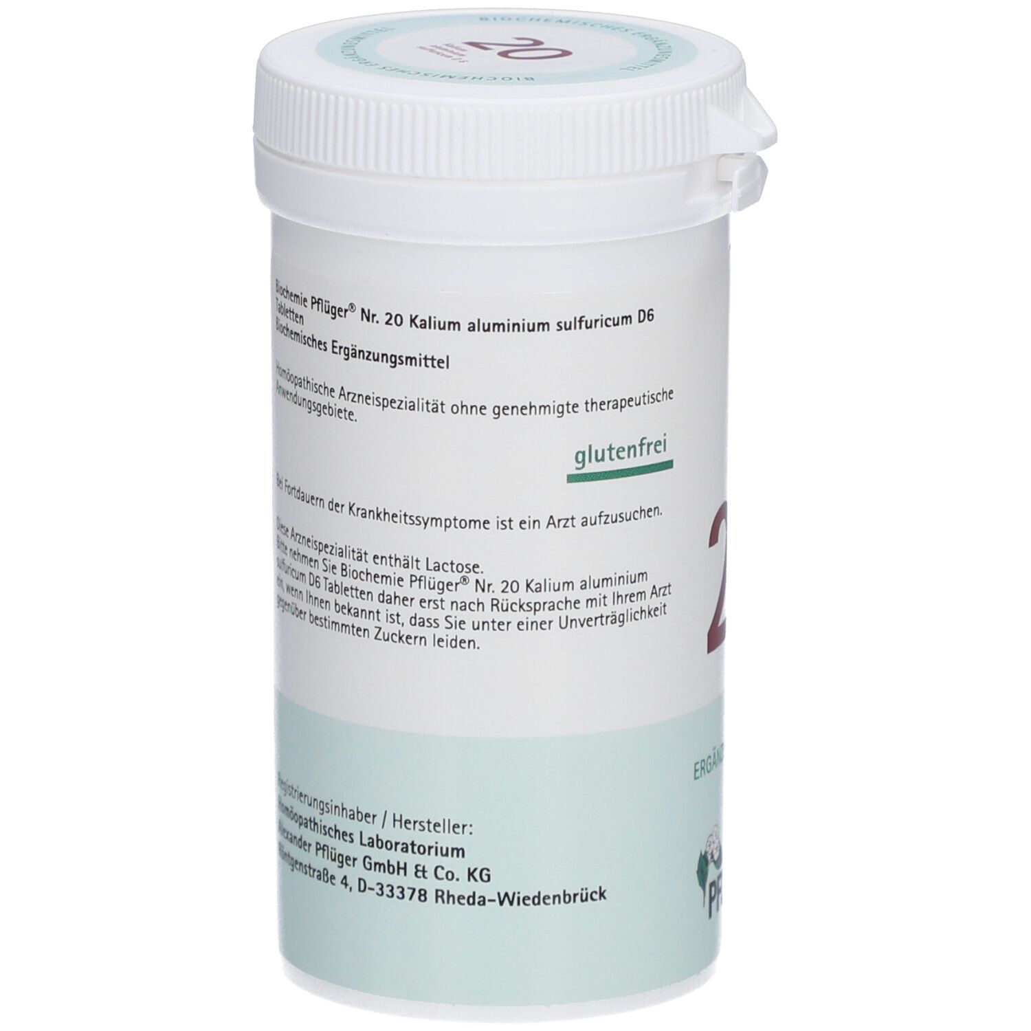 Weißes Tabletten-Behältnis mit Text. Aufschrift: 'Kalium alumini-sulfuricum D6 Tabletten'. Marke: Pflüger. Glutenfrei.