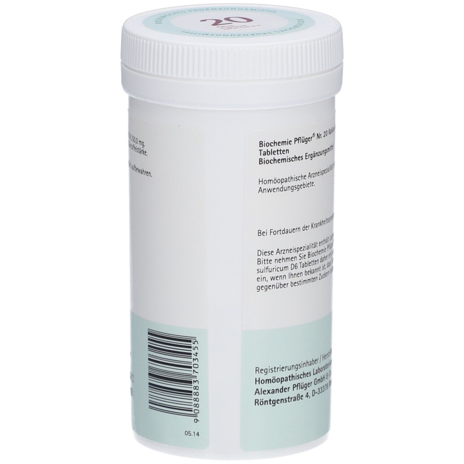Weißes Tabletten-Behältnis mit Text und Barcode. Aufschrift: 'Kalium alumini-sulfuricum D6 Tabletten'. Marke: Pflüger.