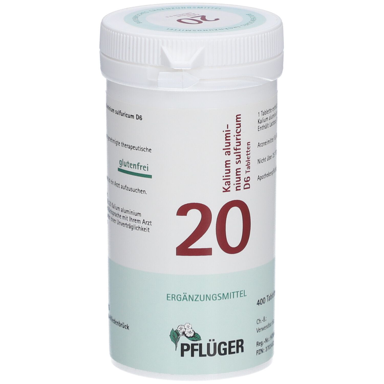 Weißes Tabletten-Behältnis mit roter '20' und Aufschrift 'Kalium alumini-sulfuricum D6 Tabletten'. Marke: Pflüger. Glutenfrei.