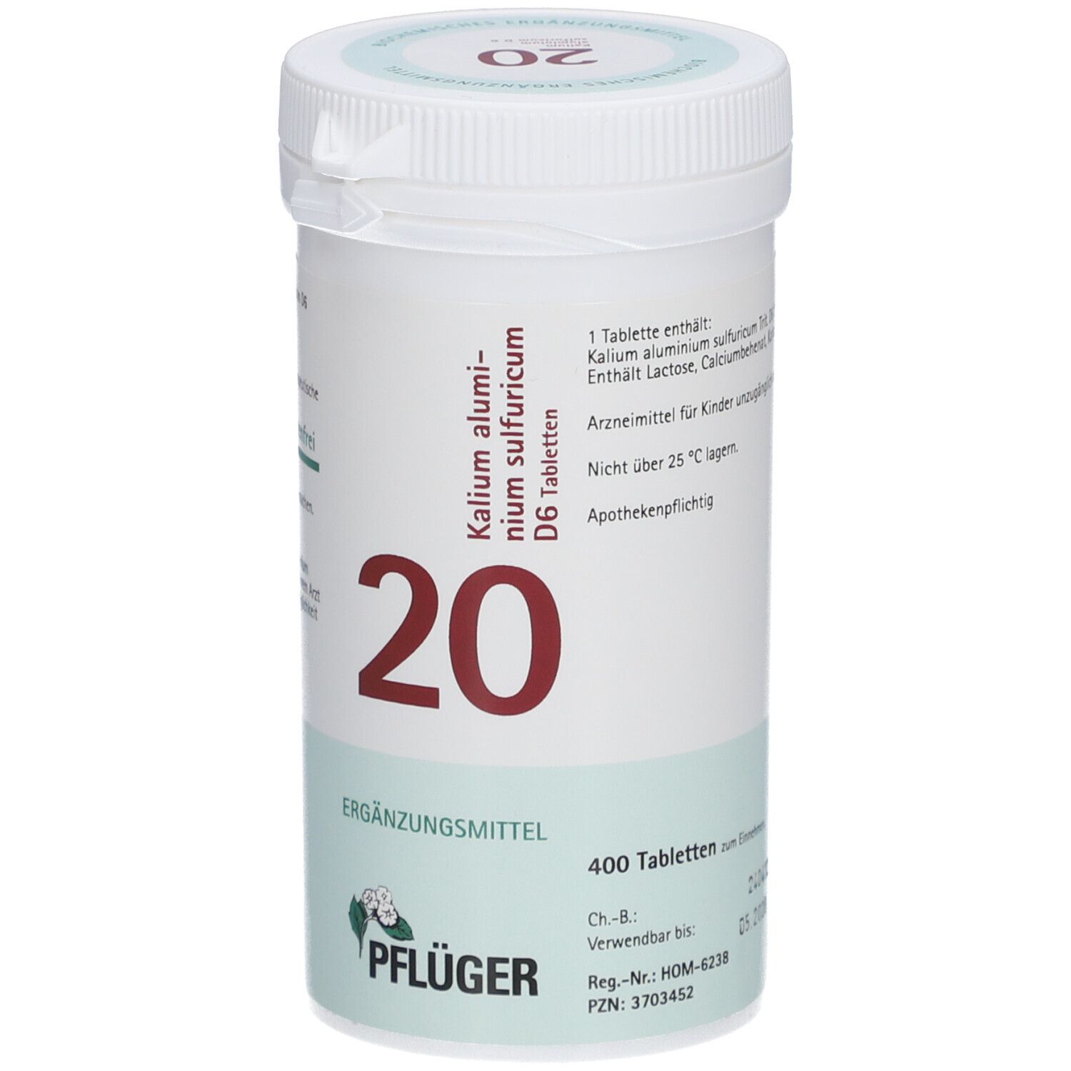 Weißes Tabletten-Behältnis mit roter '20' und Aufschrift 'Kalium alumini-sulfuricum D6 Tabletten'. Marke: Pflüger. 400 Tabletten.