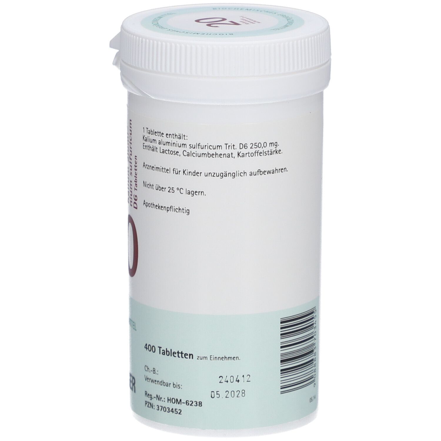 Weißes Tabletten-Behältnis mit Text und Barcode. Aufschrift: 'Kalium alumini-sulfuricum D6 Tabletten'. Marke: Pflüger. 400 Tabletten.